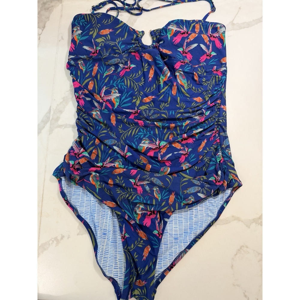 Anthropologie Mermaid Ruched Halter Swim Suit Sz XL Fish Parrot Tropical Resort